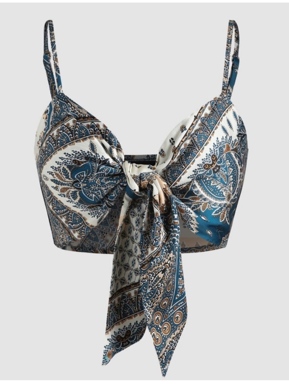Cider Teal & Cream Paisley Tie-Front Crop Top